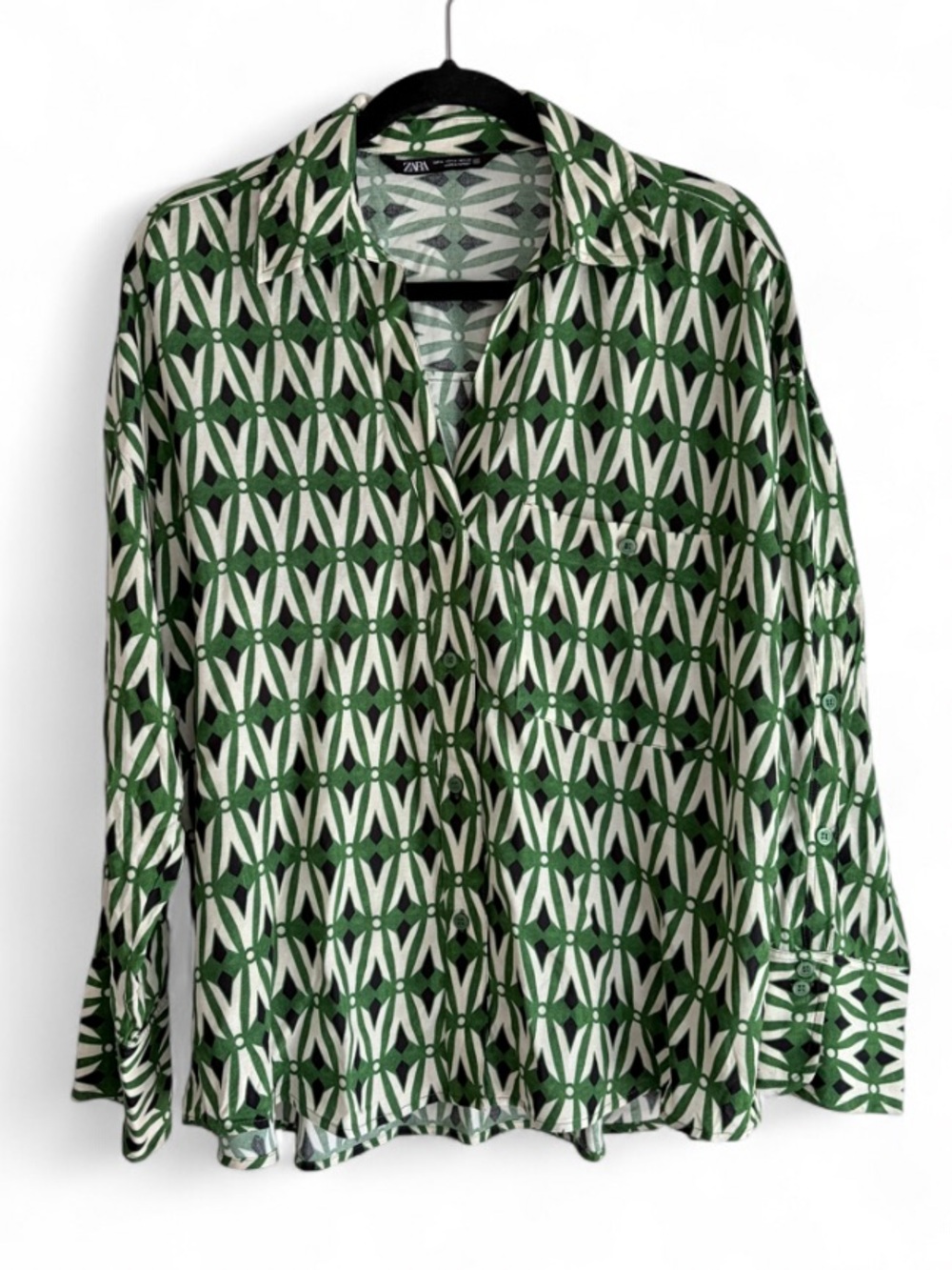 Zara Green Mod Print Oversize Long Sleeve Button Down Shirt Size M